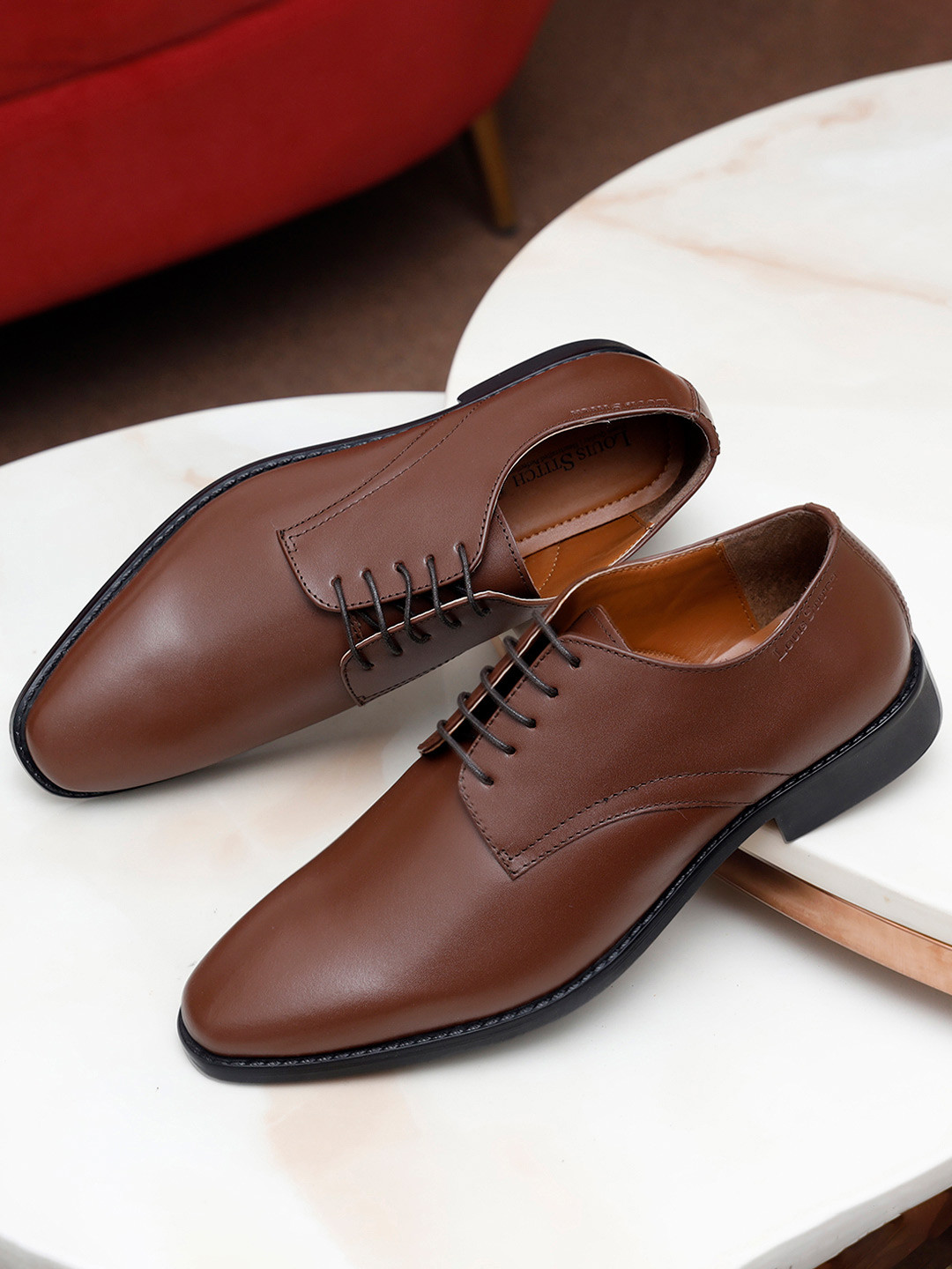 Louis Stitch Men Tan Italian Leather Formal Derby Shoes