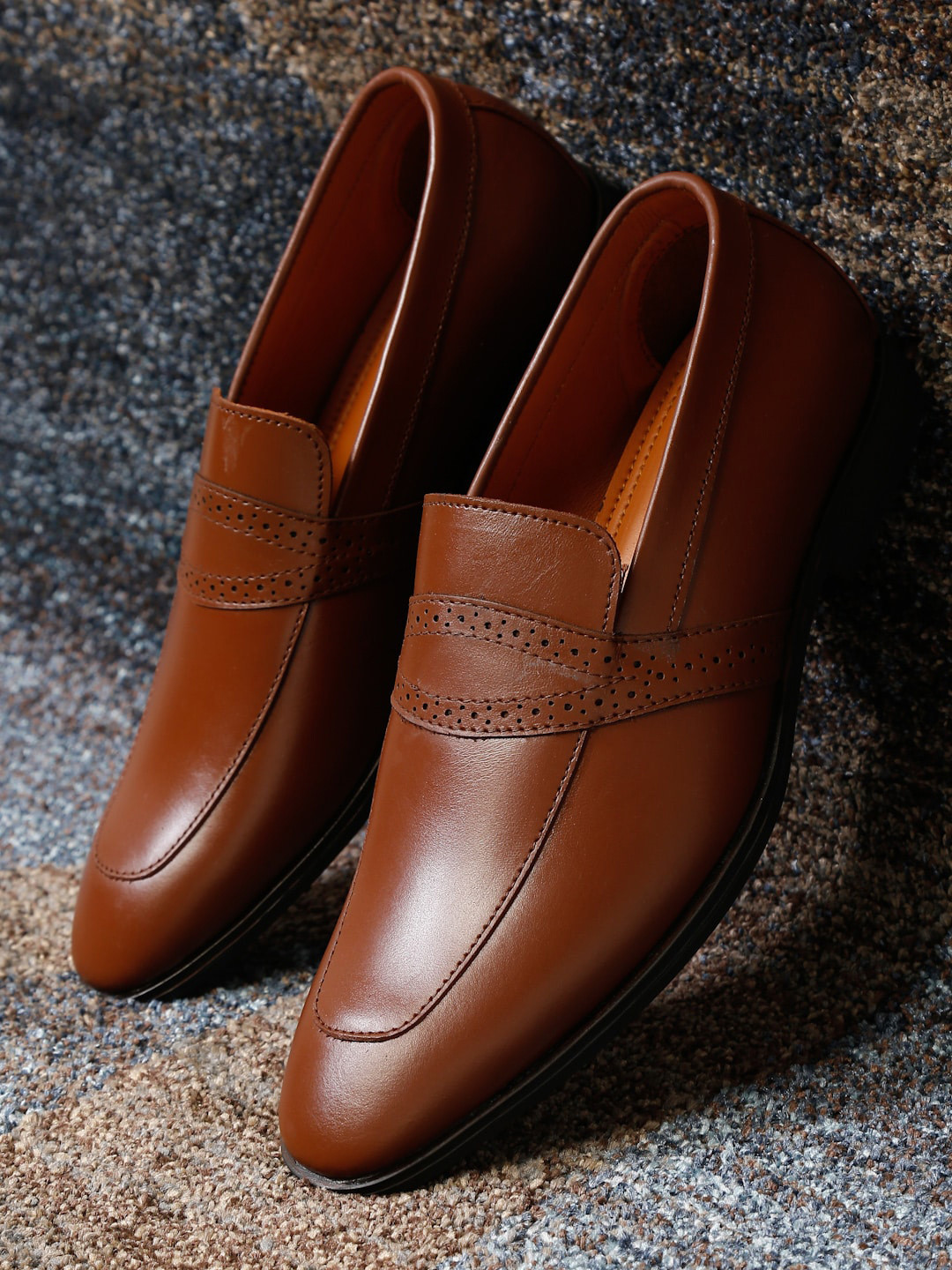 LOUIS STITCH Men Tan Solid Formal Leather Slip-On's