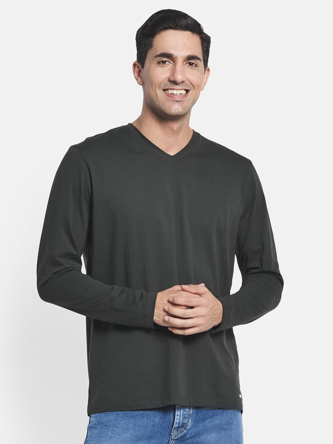 METTLE Men Olive Green V-Neck Raw Edge T-shirt