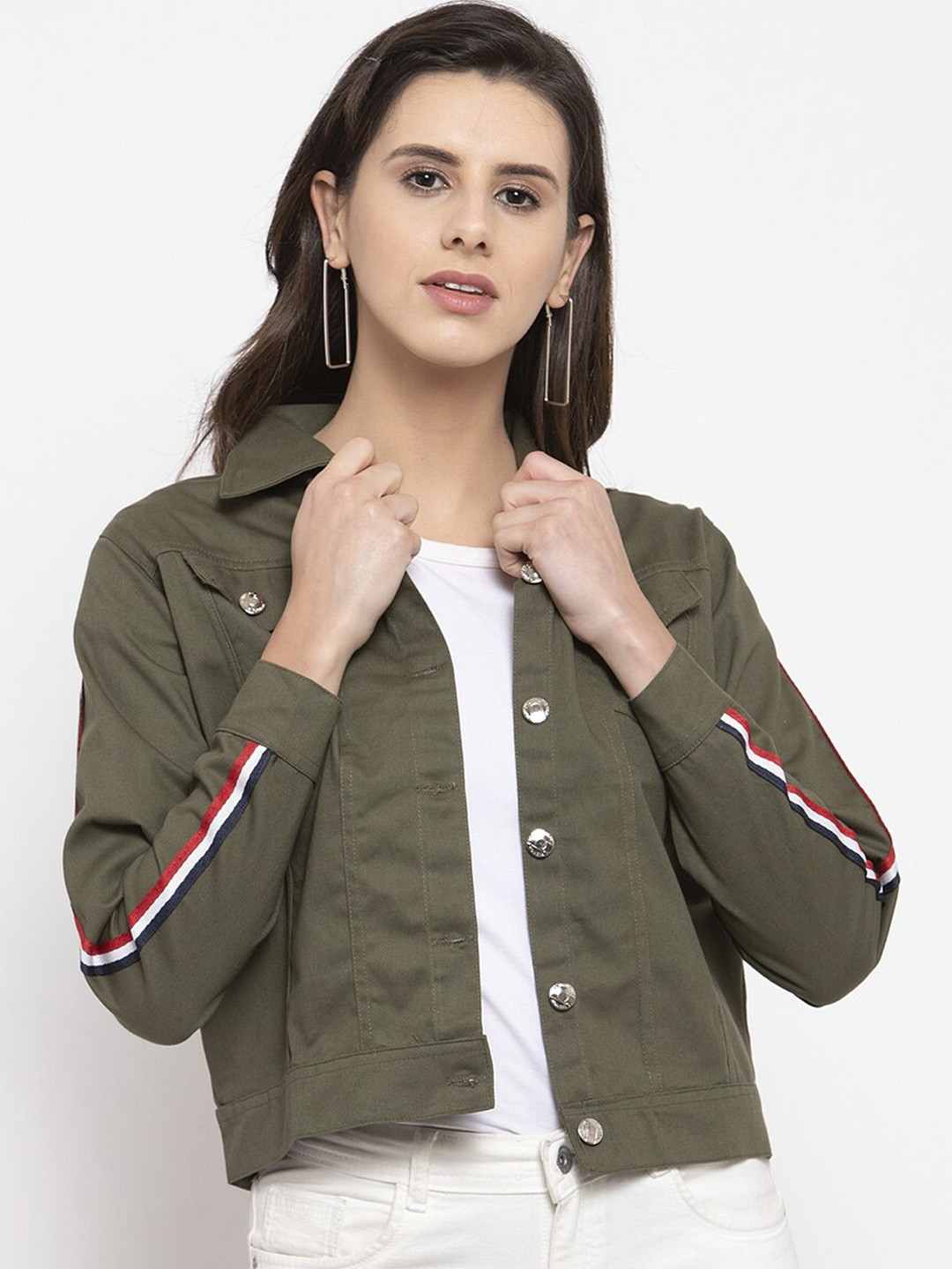 VOXATI Women Olive Green Denim Crop Jacket