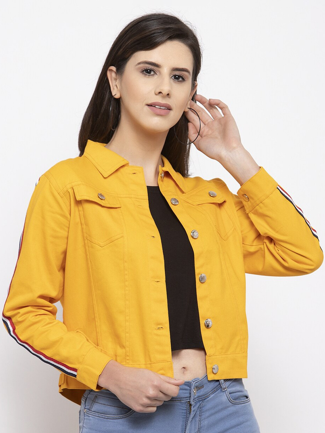 VOXATI Women Yellow Crop Denim Jacket