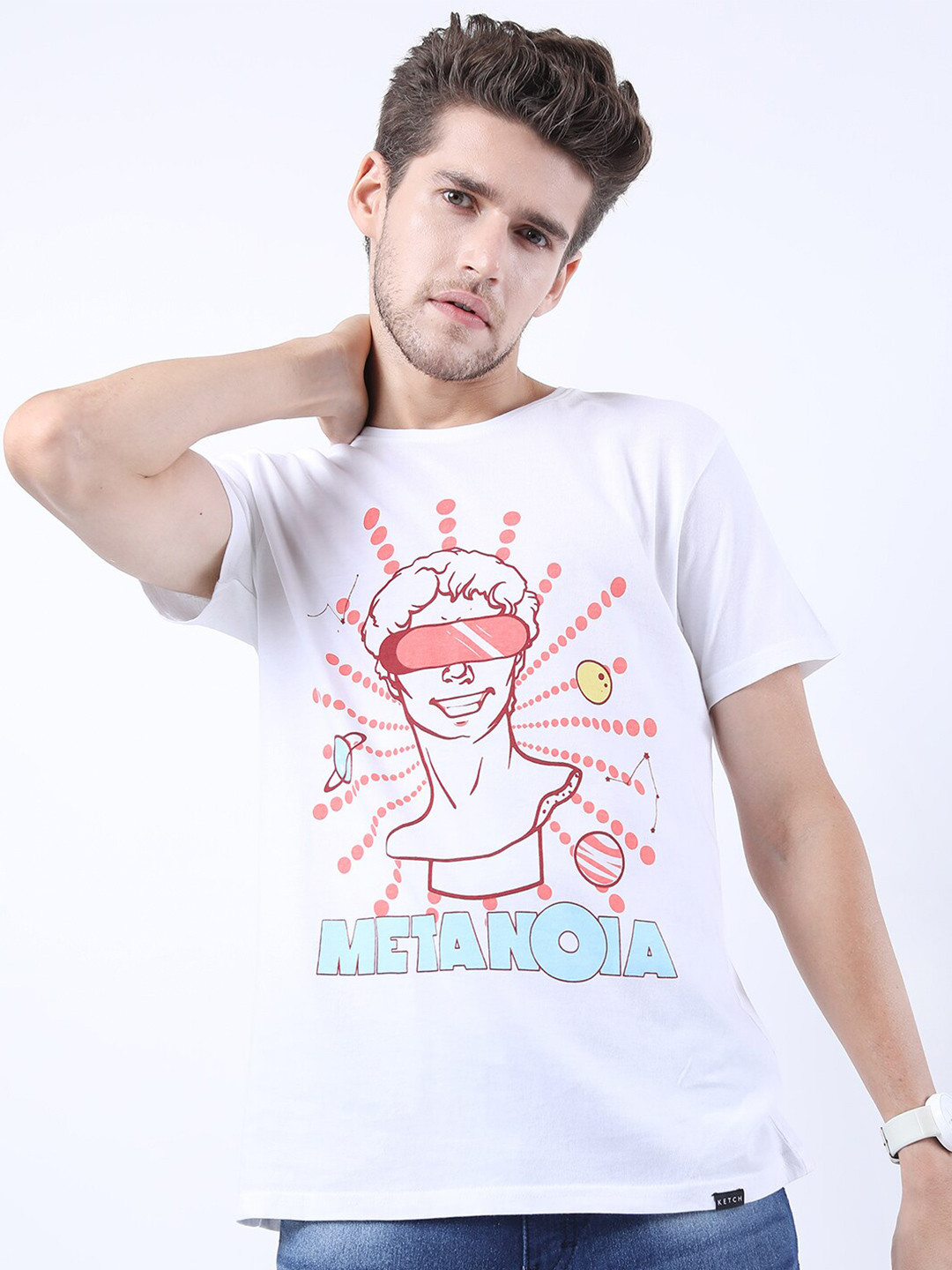 KETCH Men White Printed Slim Fit Cotton T-shirt