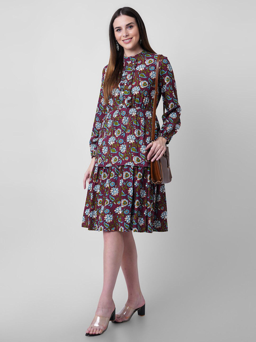 Mollar Maroon & White Floral Keyhole Neck Layered Fit and Flare Dress