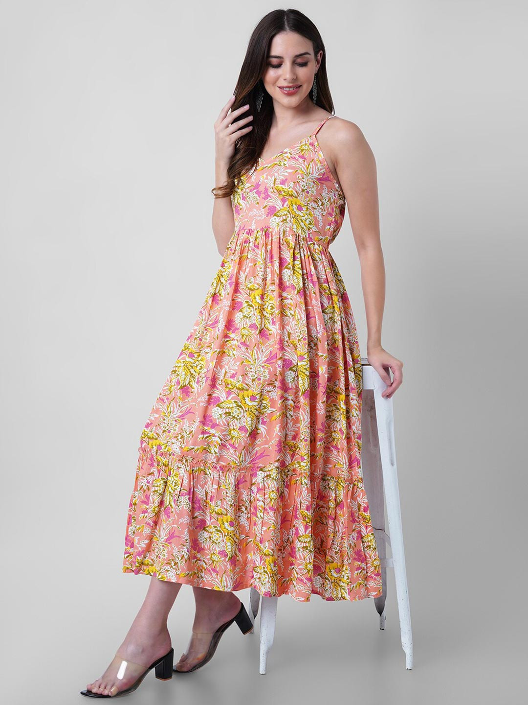 Mollar Peach-Coloured Floral Midi Dress
