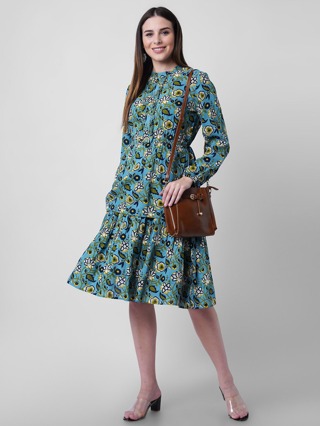 Mollar Turquoise Blue Floral Drop-Waist Dress