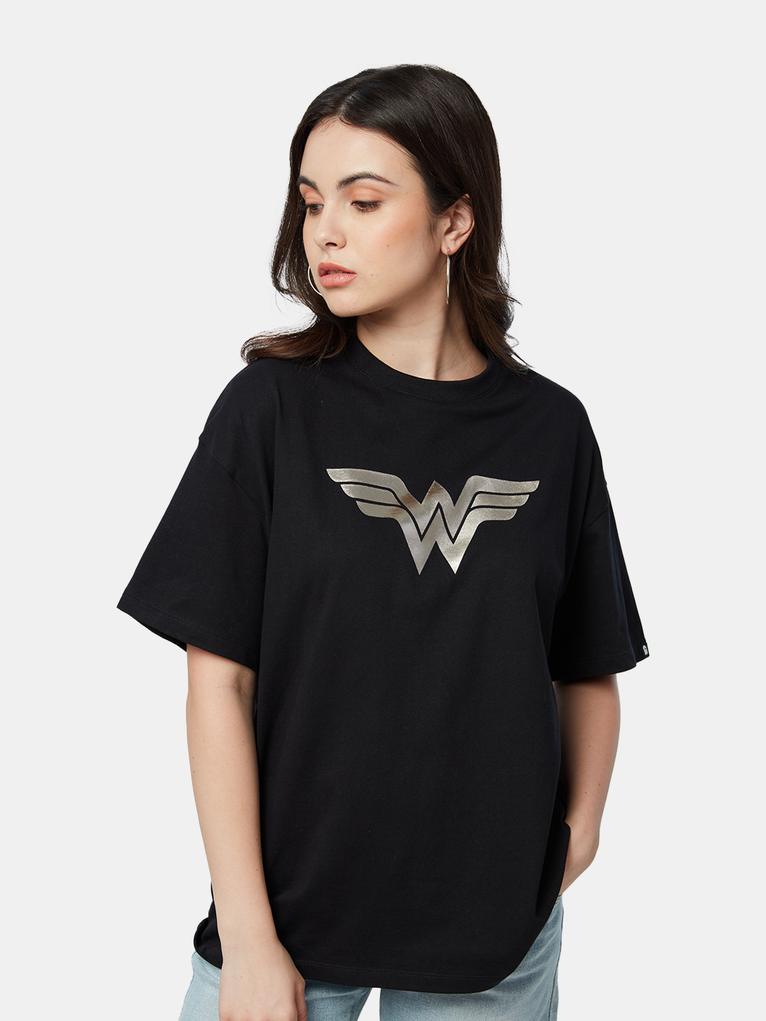 The Souled Store Women Black Typography Printed Oversized T-shirt