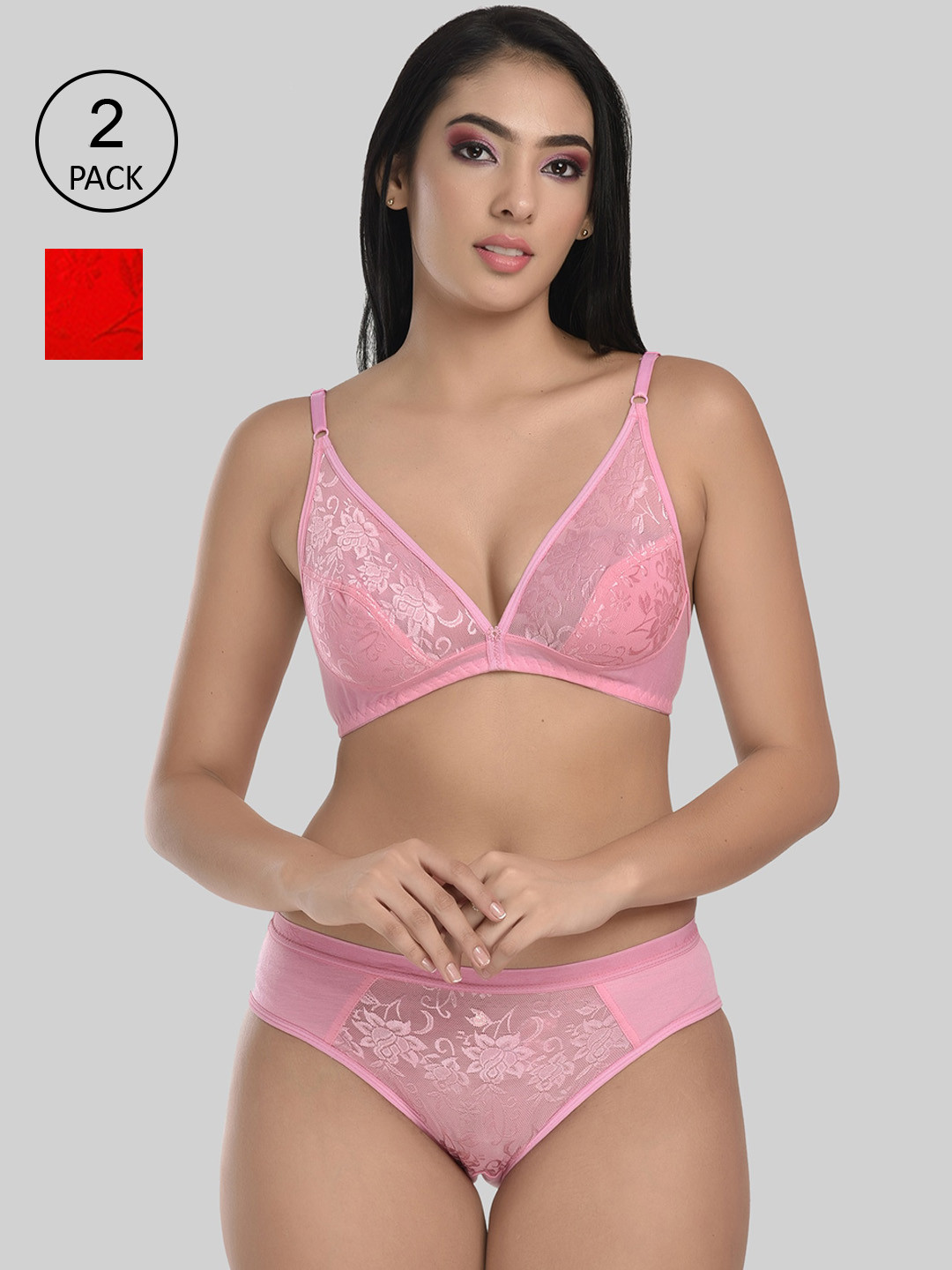 StyFun Women Cotton Bra Panty, Floral Print Lingerie Set for Girls, Pack of 2, Red Pink