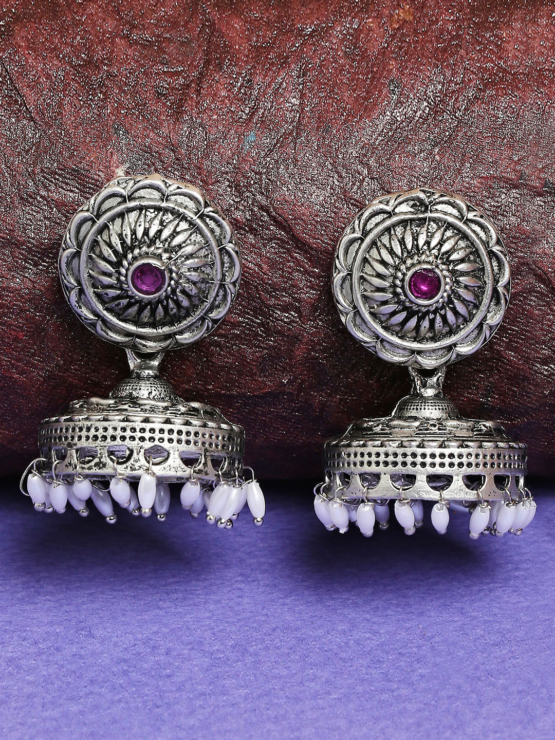 OOMPH Maroon Silver-Plated Dome Shaped Jhumkas Earrings