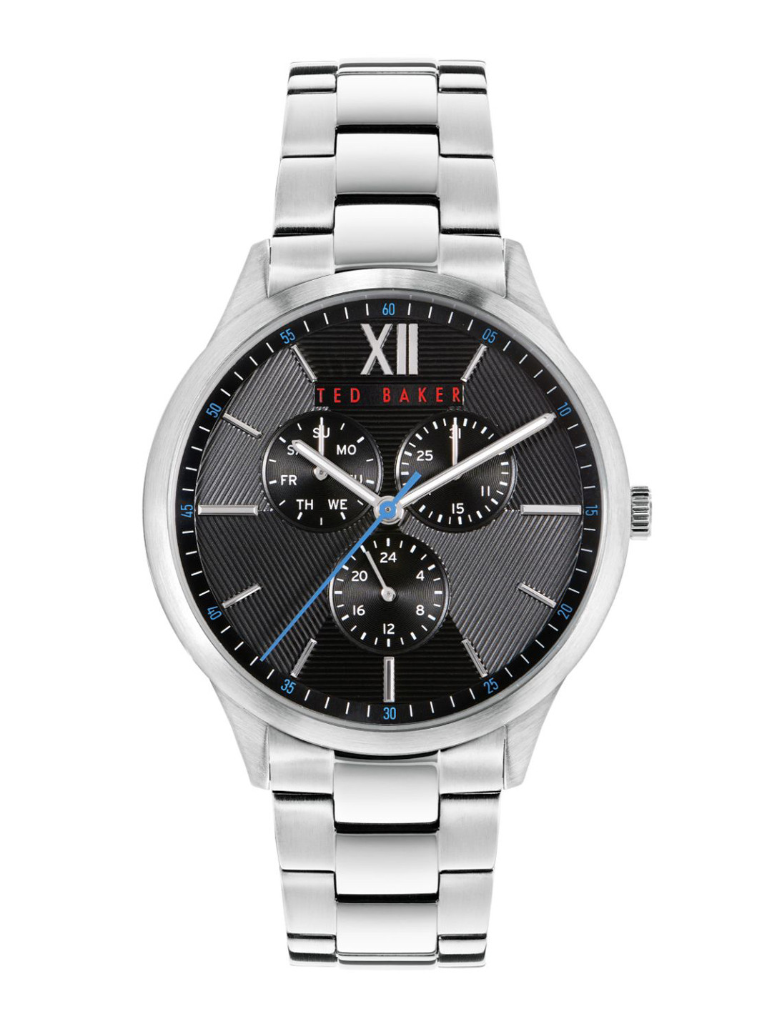 Ted Baker Men Black Printed Dial & Silver Toned Stainless Steel Bracelet Style Straps Analogue Watch