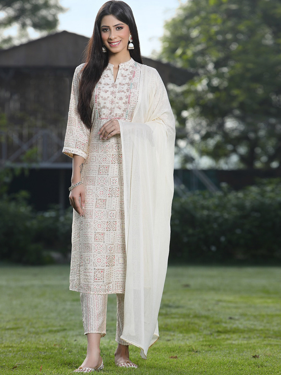 Juniper Women Off White Printed Thread Work Kurta with Trousers & Dupatta