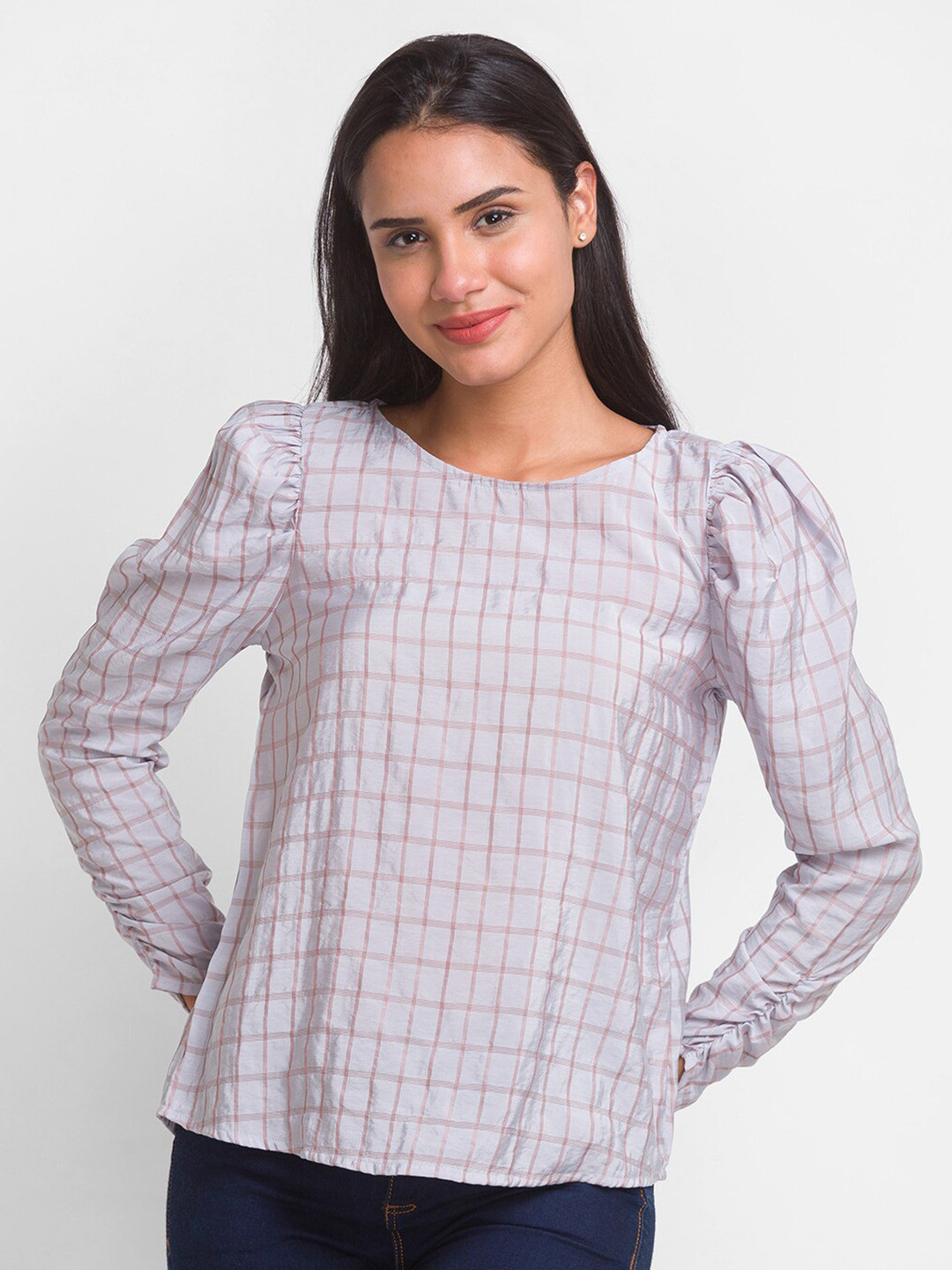 Globus Women Grey & languid lavender Checked Crepe Top
