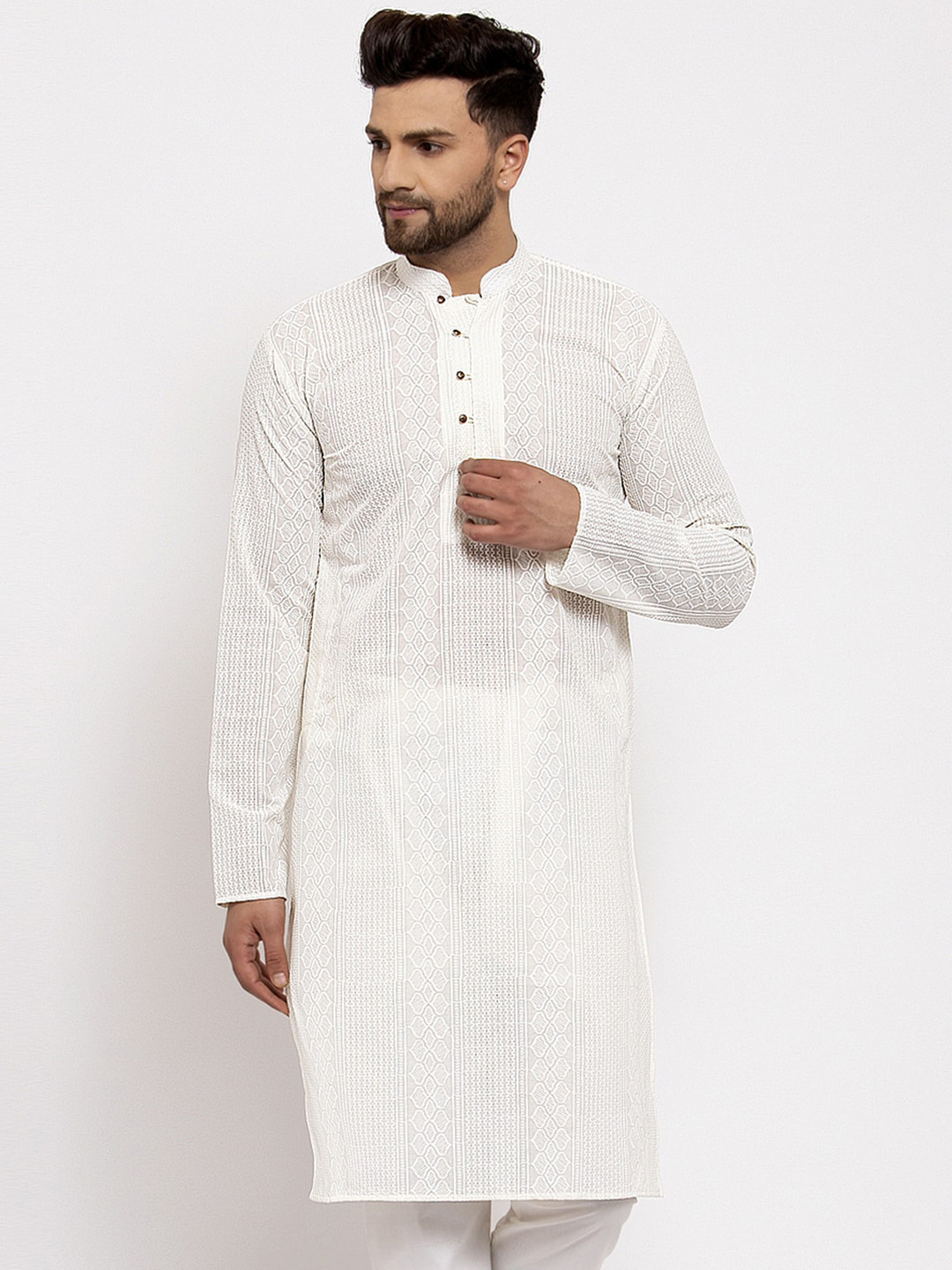 Jompers Men Cream-Coloured Thread Work Kurta