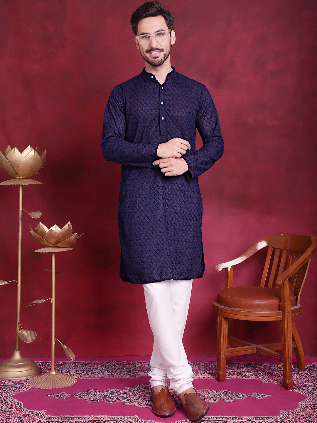 Jompers Men Navy Blue Geometric Embroidered Thread Work   100% Cotton Straight Kurta