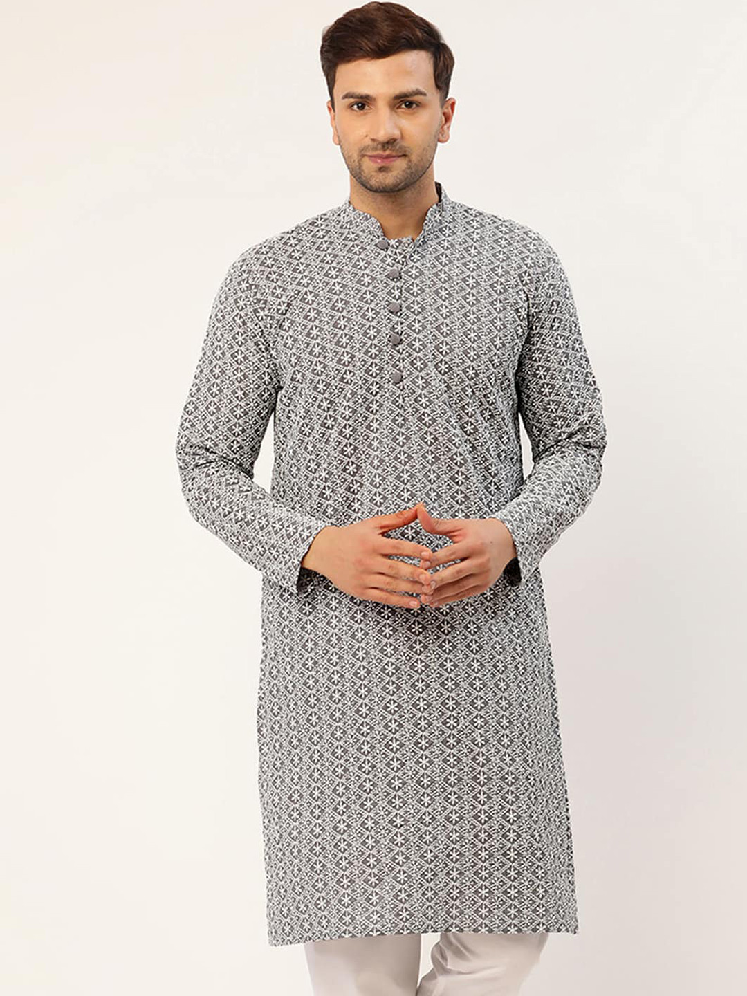 Jompers Men Grey Floral Thread Work Kurta