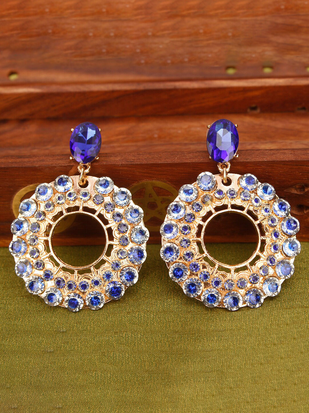 MIZORRI Women Blue Rhinestone Circular Drop Earrings