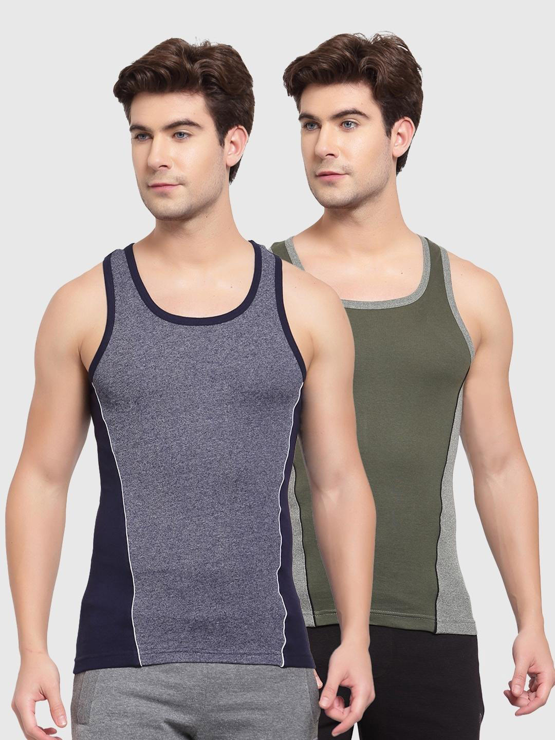 SPORTO Men Pack Of 2 Grey and Green Solid Pure Cotton Rib Innerwear Vest