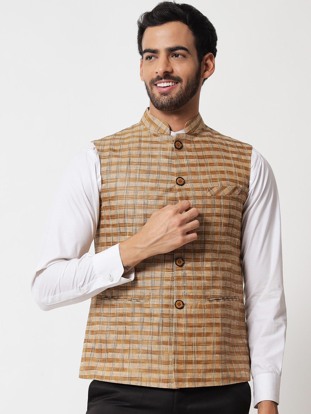 Vastraa Fusion Men Brown Handloom Block Check Print Pure Cotton Nehru Jacket