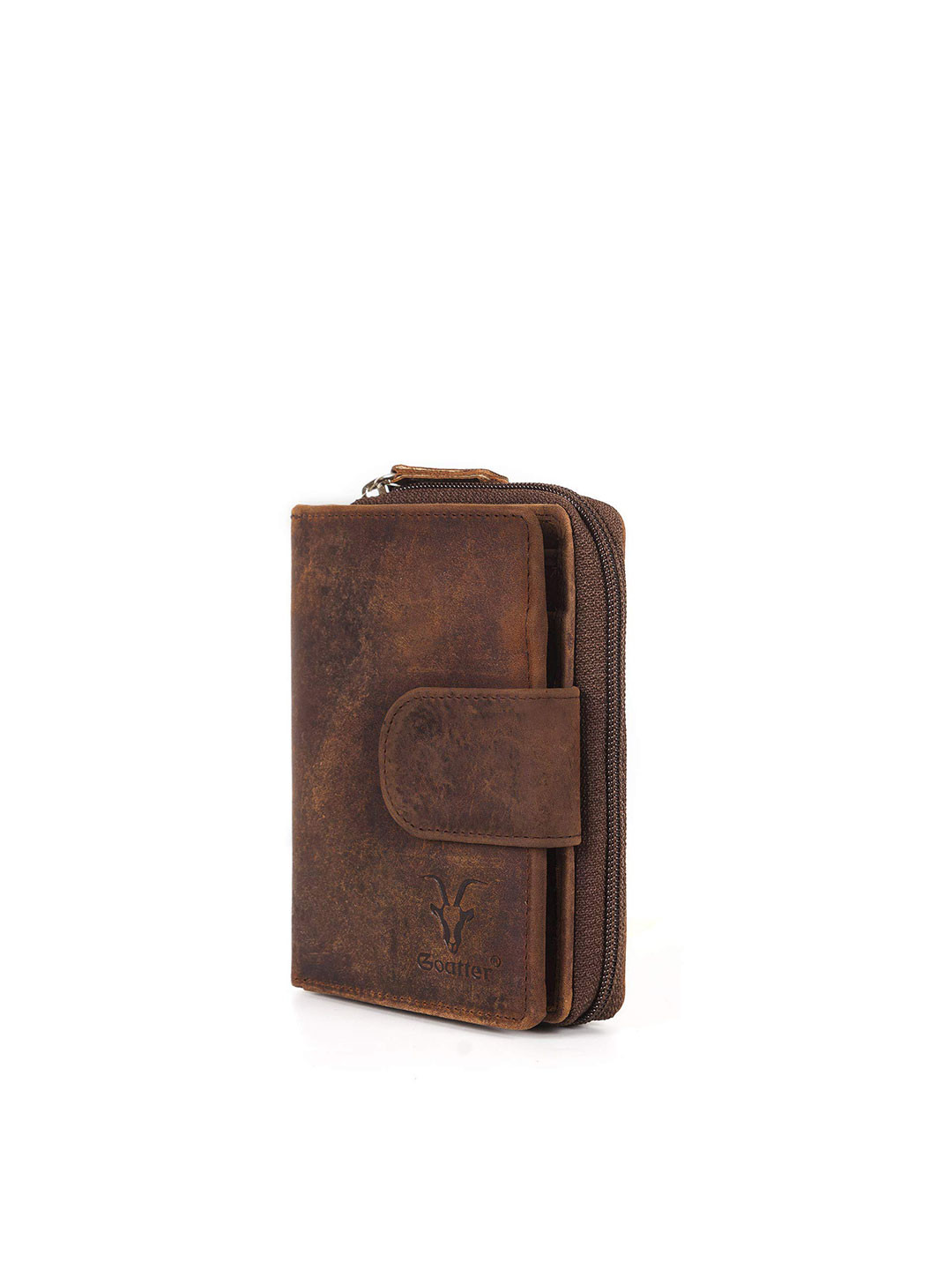 Goatter Men Coffee Brown Leather Three Fold Wallet
