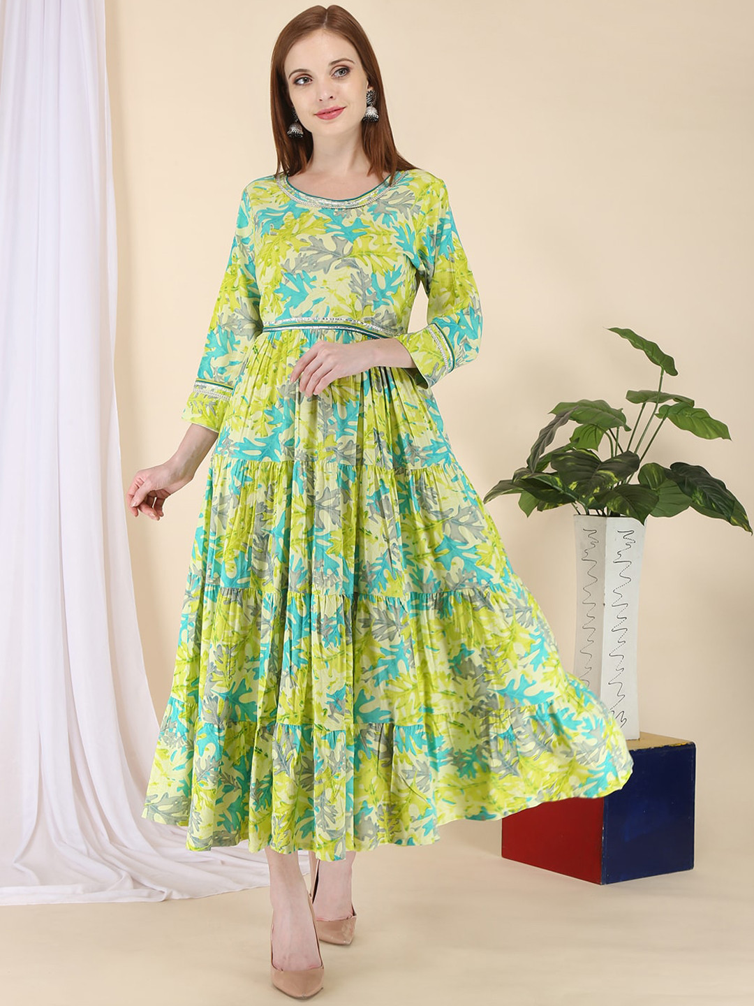 ERISHA Women Lime Green Floral Printed Flared Sleeves Floral Anarkali Kurta
