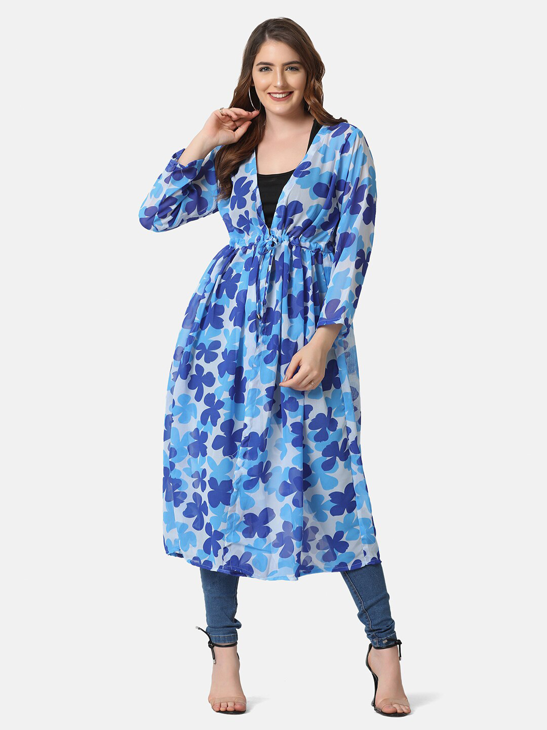 BUY NEW TREND Women Blue & White Printed Longline Tie-Up Shrug