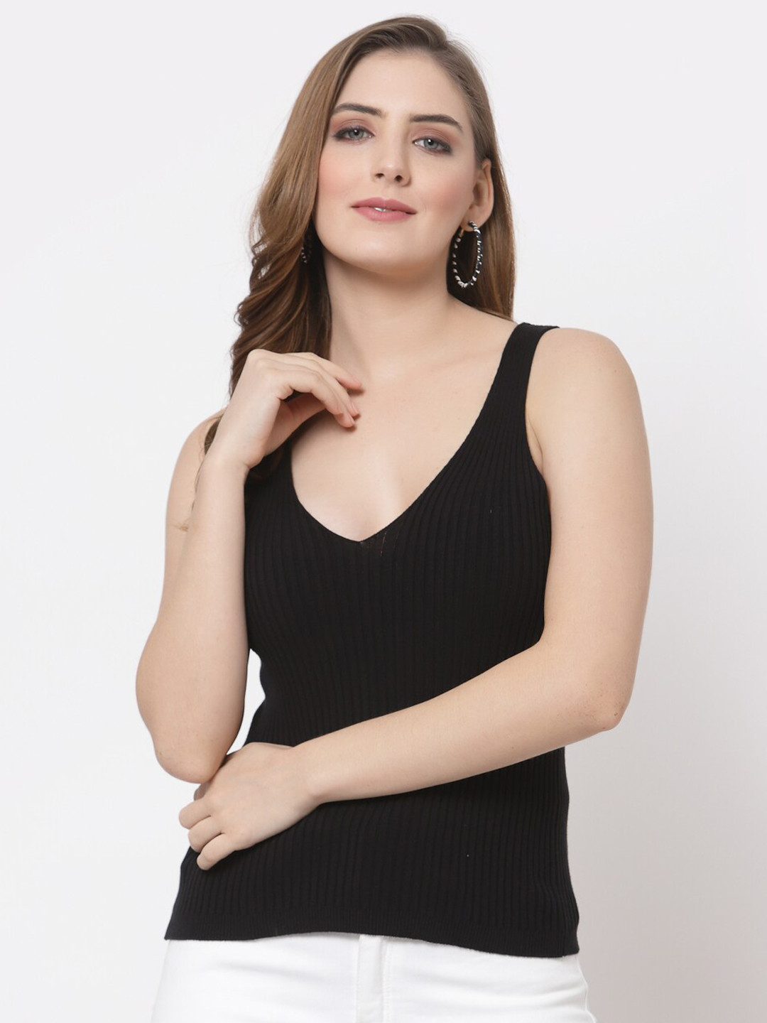 Kalt Black Pure Cotton Ribbed Knitted Tank Top