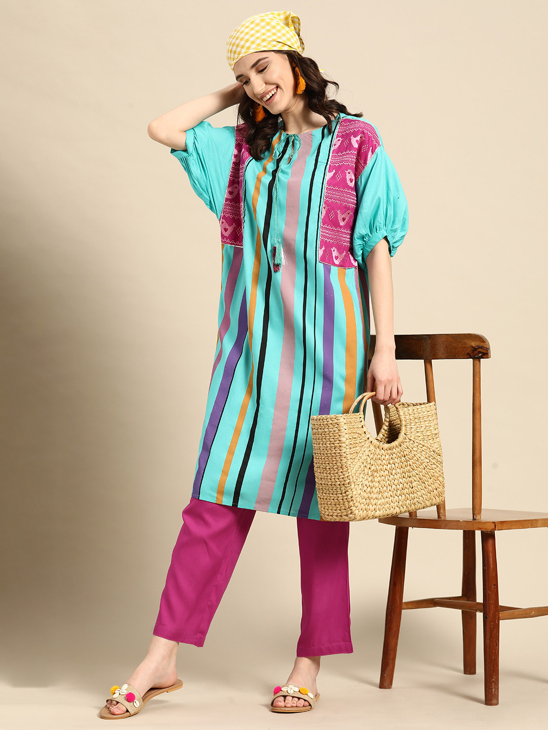 Sangria Printed Thread Work Kurta with Trousers