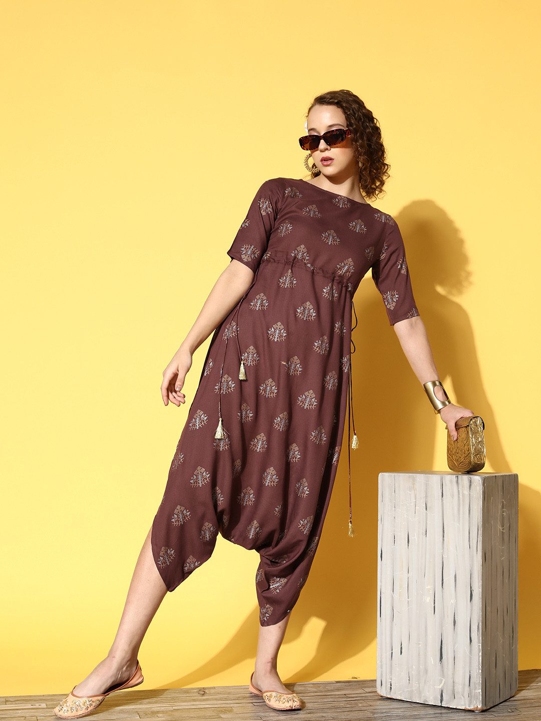 Sangria Brown & Golden Printed Drop-Crotch Capri Jumpsuit