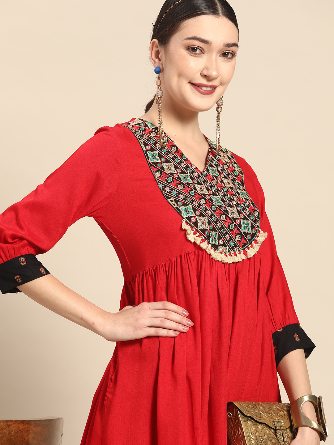 Sangria Women Red Ethnic Motifs Printed Panelled Mirror Work Kurta with Palazzos