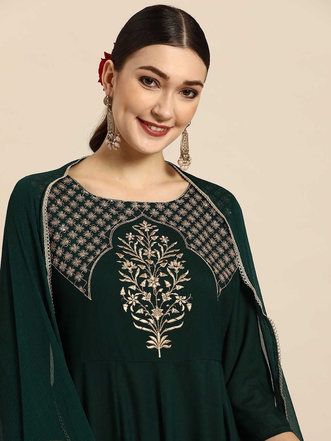 Sangria Women Green Embroidered Sequinned Pleated A-Line Kurta with Trousers & Dupatta