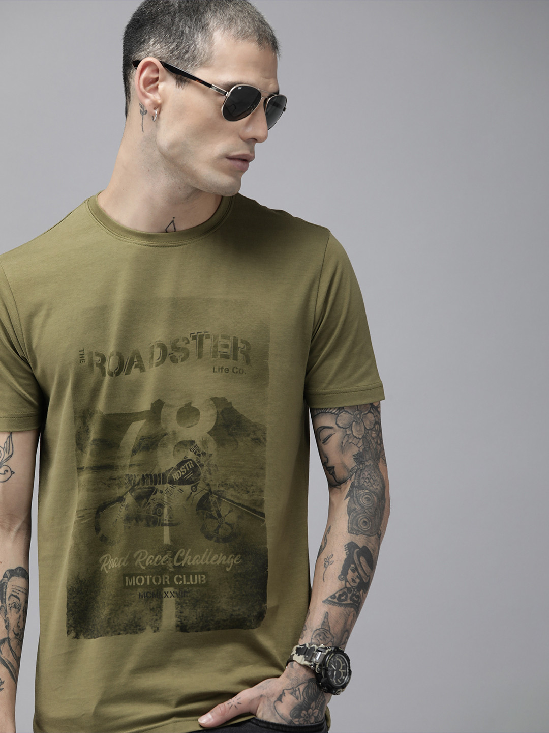 Roadster Men Olive Green Biker Printed Pure Cotton T-shirt