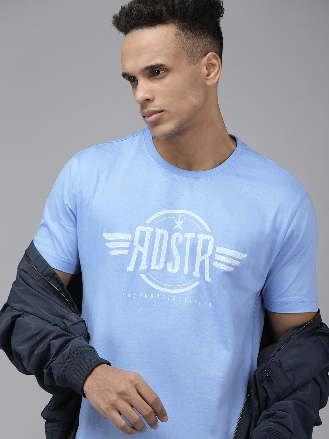 Roadster Men Blue Brand Logo Printed Pure Cotton T-shirt