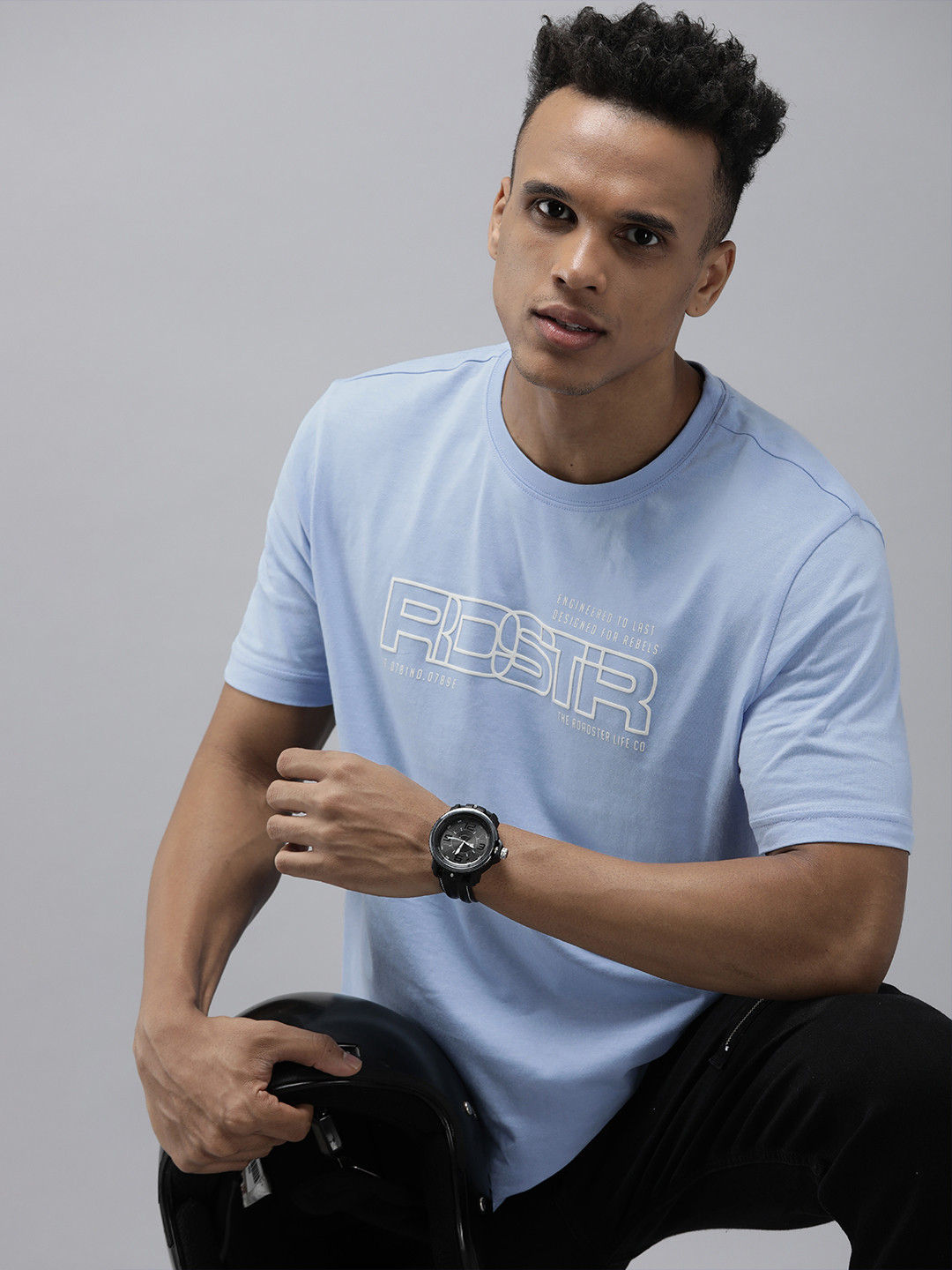 Roadster Men Blue Brand Logo Printed Pure Cotton T-shirt