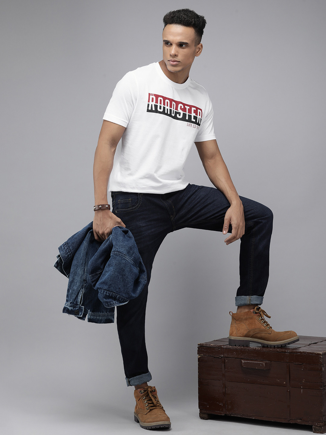 Roadster Men White Brand Logo Printed Pure Cotton T-shirt