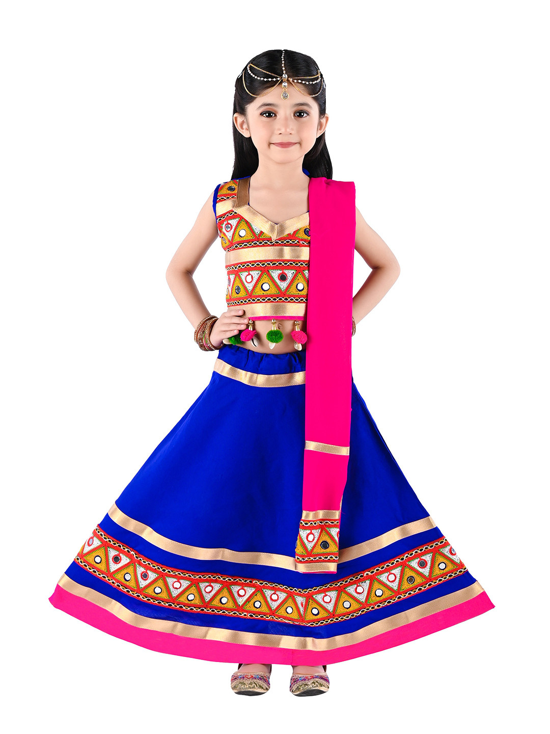 ahhaaaa Girls Blue & Magenta Embellished Ready to Wear Lehenga & Blouse With Dupatta