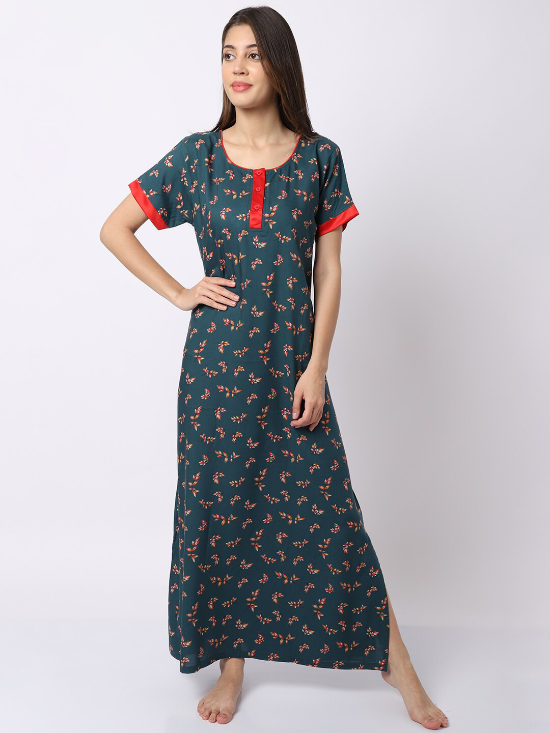 Claura Green Printed Polyester Maxi Nightdress