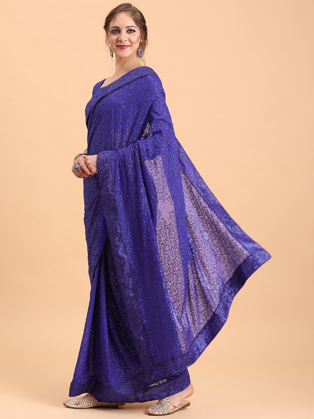 Sangria Blue Embellished Sequinned Pure Georgette Saree
