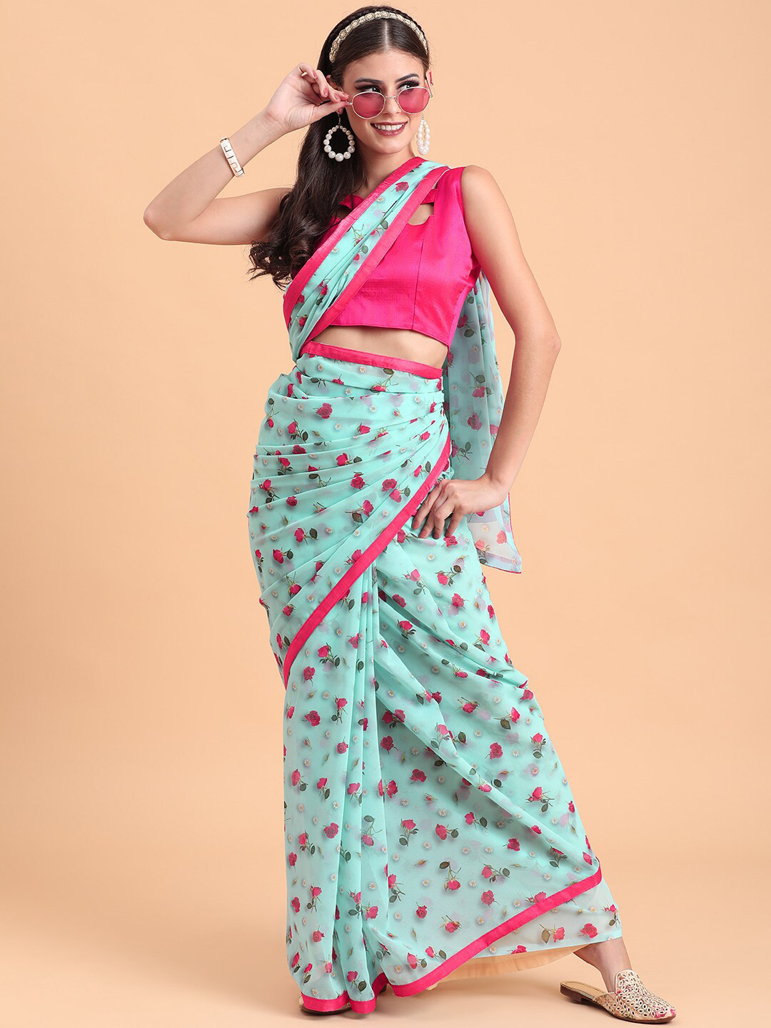 Sangria Women Sea Green & Pink Printed Georgette Sarees