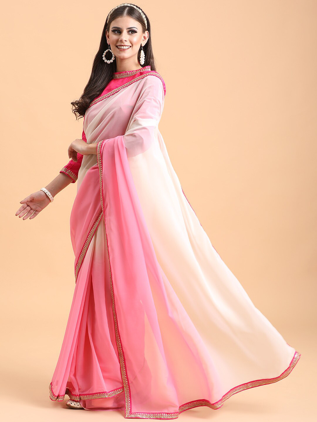 Sangria Rose & Pink Ombre Sequinned Pure Georgette Saree