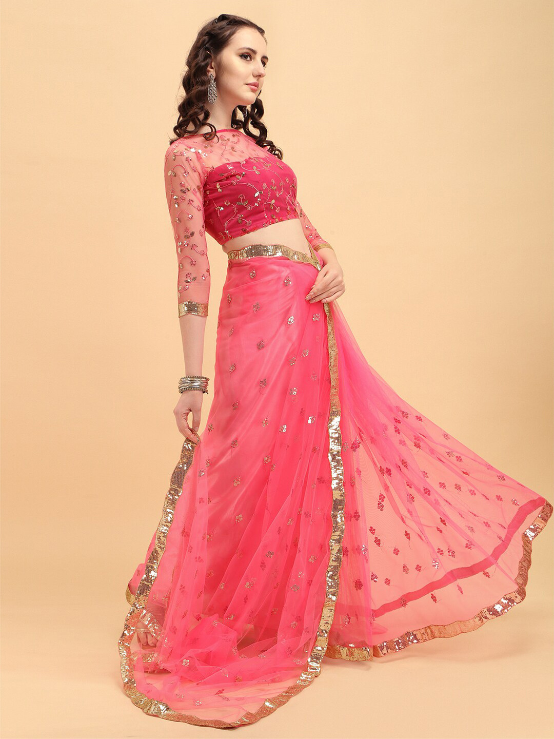 Sangria Rose Embellished Sequinned Supernet Heavy Work Saree
