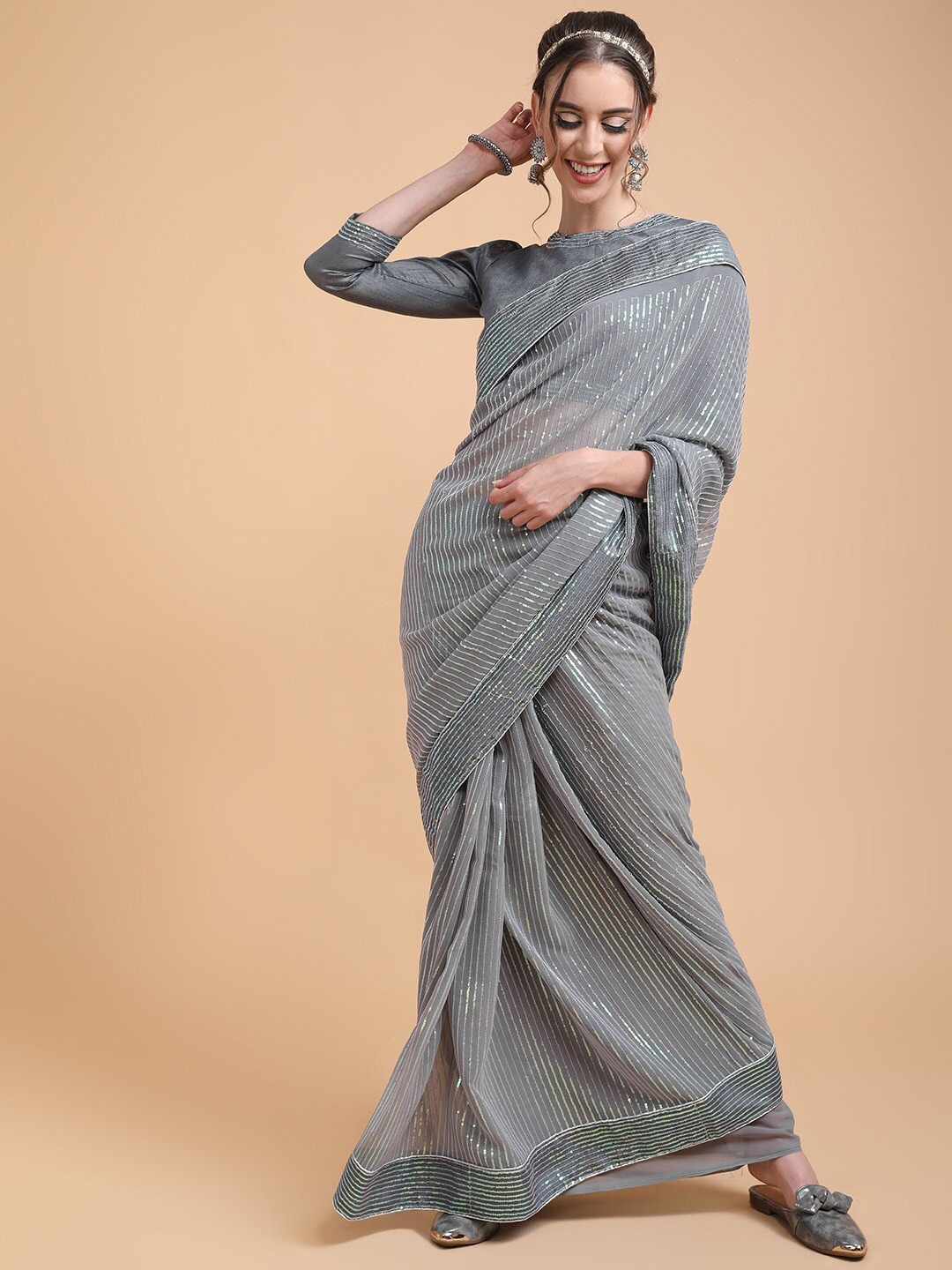 Sangria Grey Melange Embellished Sequinned Pure Georgette Saree