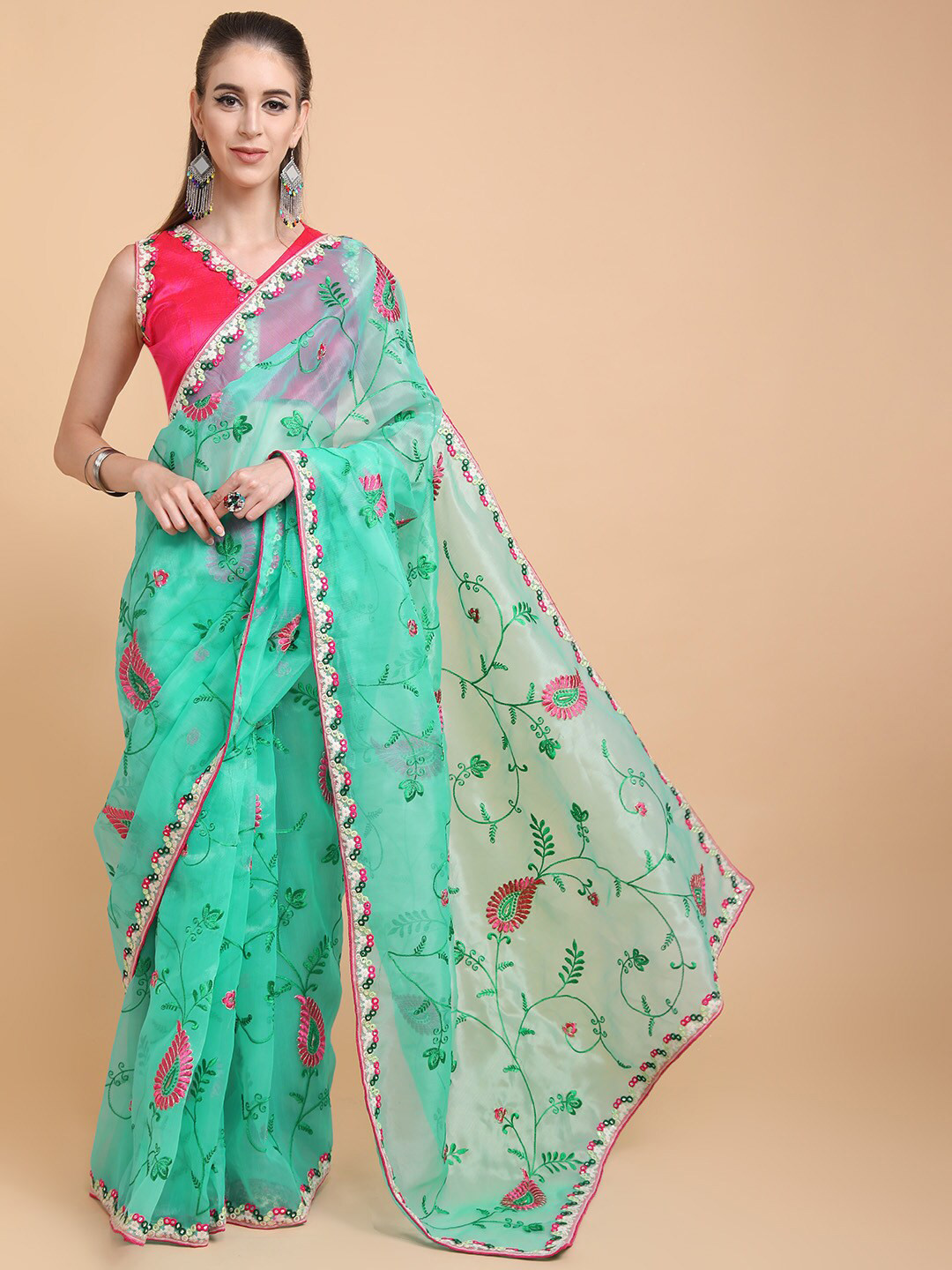 Sangria Sea Green & Pink Paisley Embroidered Organza Heavy Work Saree