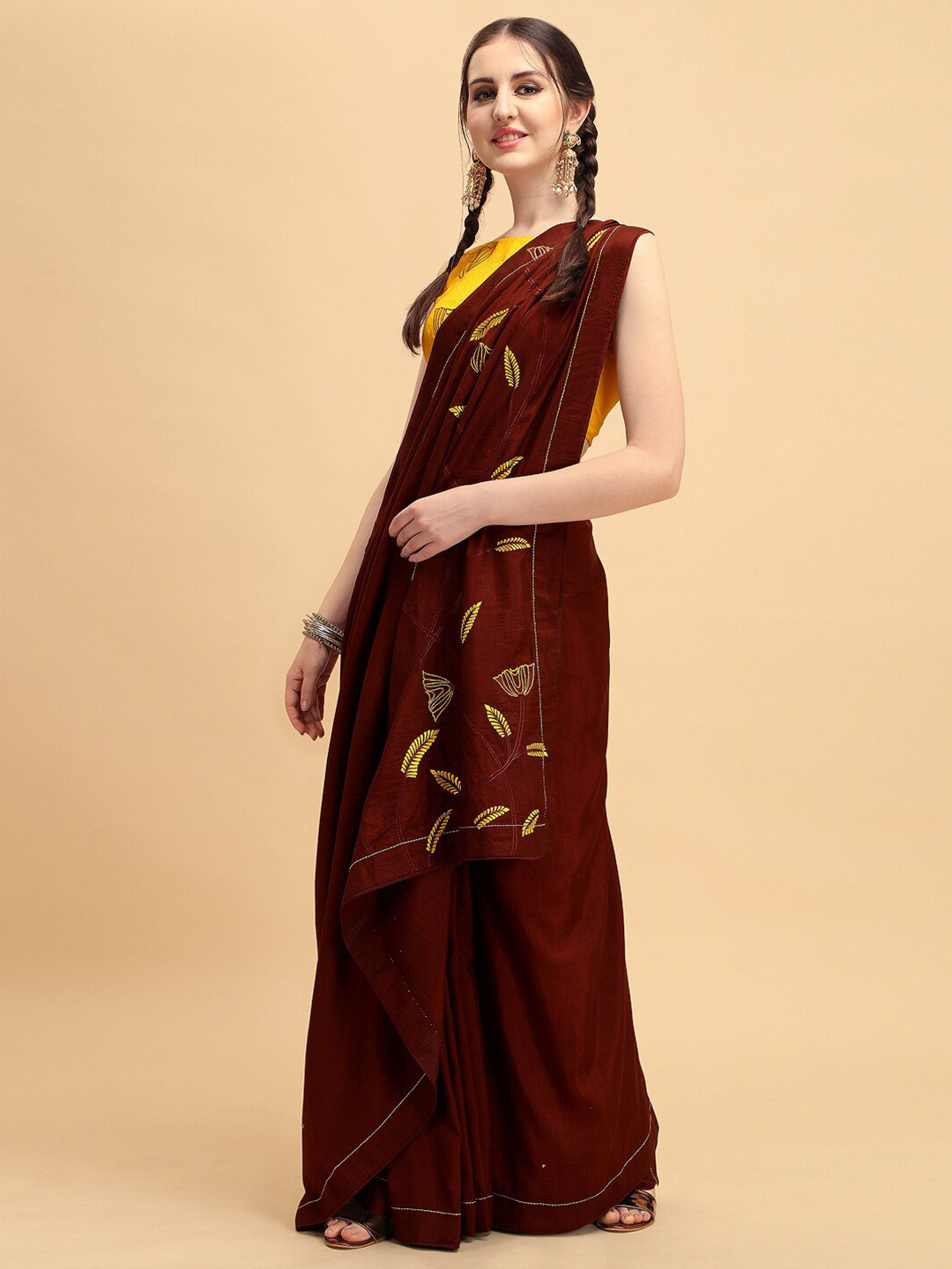Sangria Maroon & Yellow Dyed Batik Embroidered Silk Blend Saree