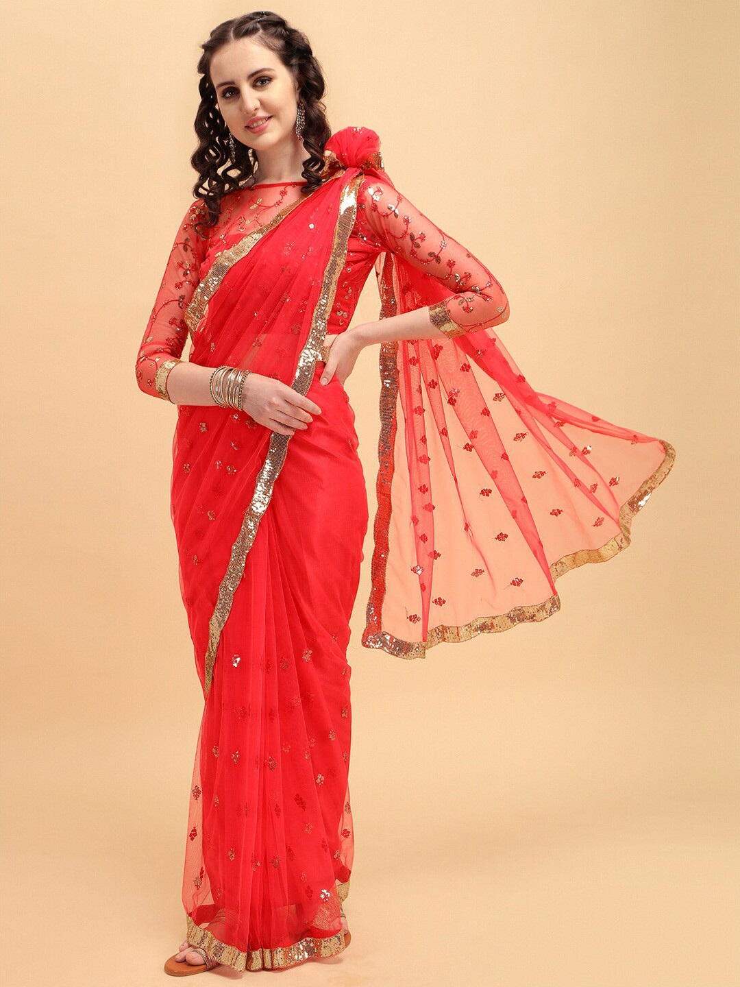 Sangria Women Pink Supernet Batik Sequinned Party Saree