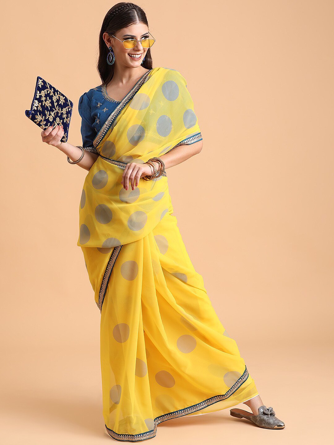 Sangria Yellow & Blue Sequinned Border Pure Georgette Party Wear Saree
