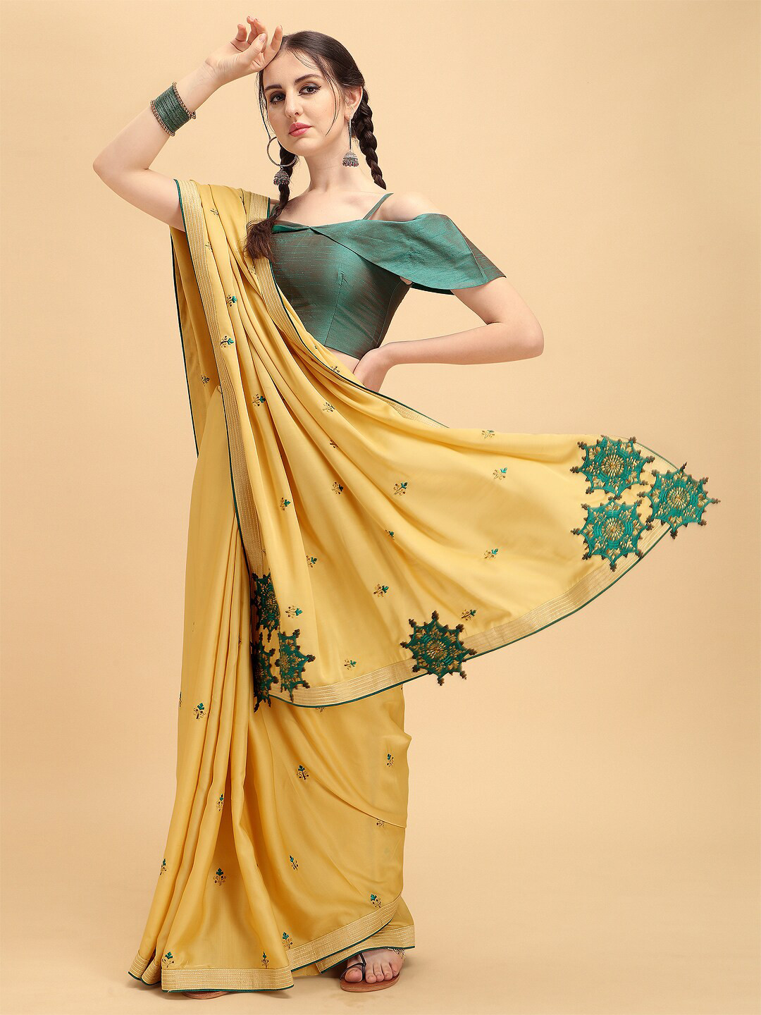 Sangria Women Yellow Silk Blend Dyed Batik Embroidered Party Saree