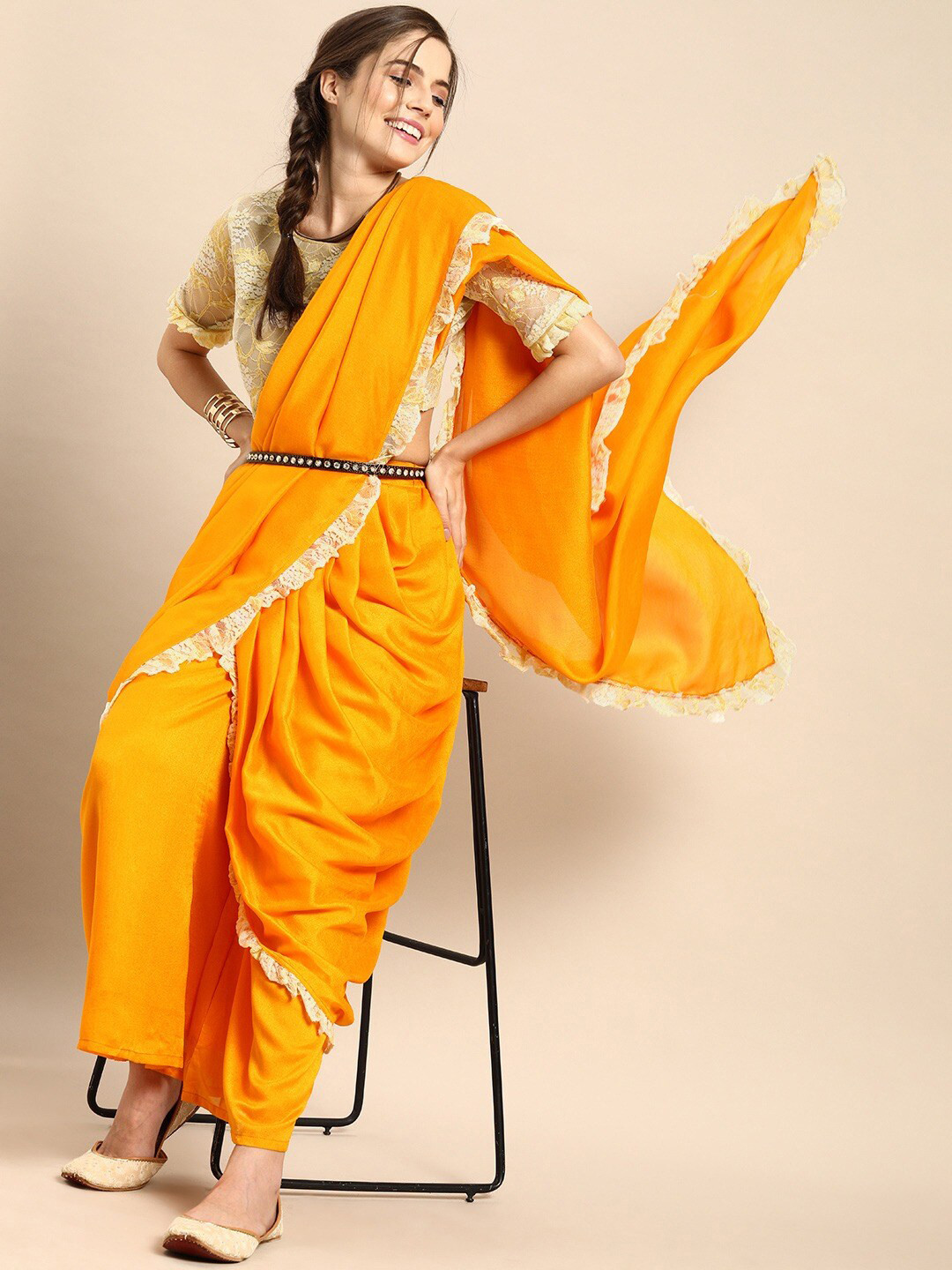 Sangria Women Mustard  Embellished Lace Palazzo Sarees