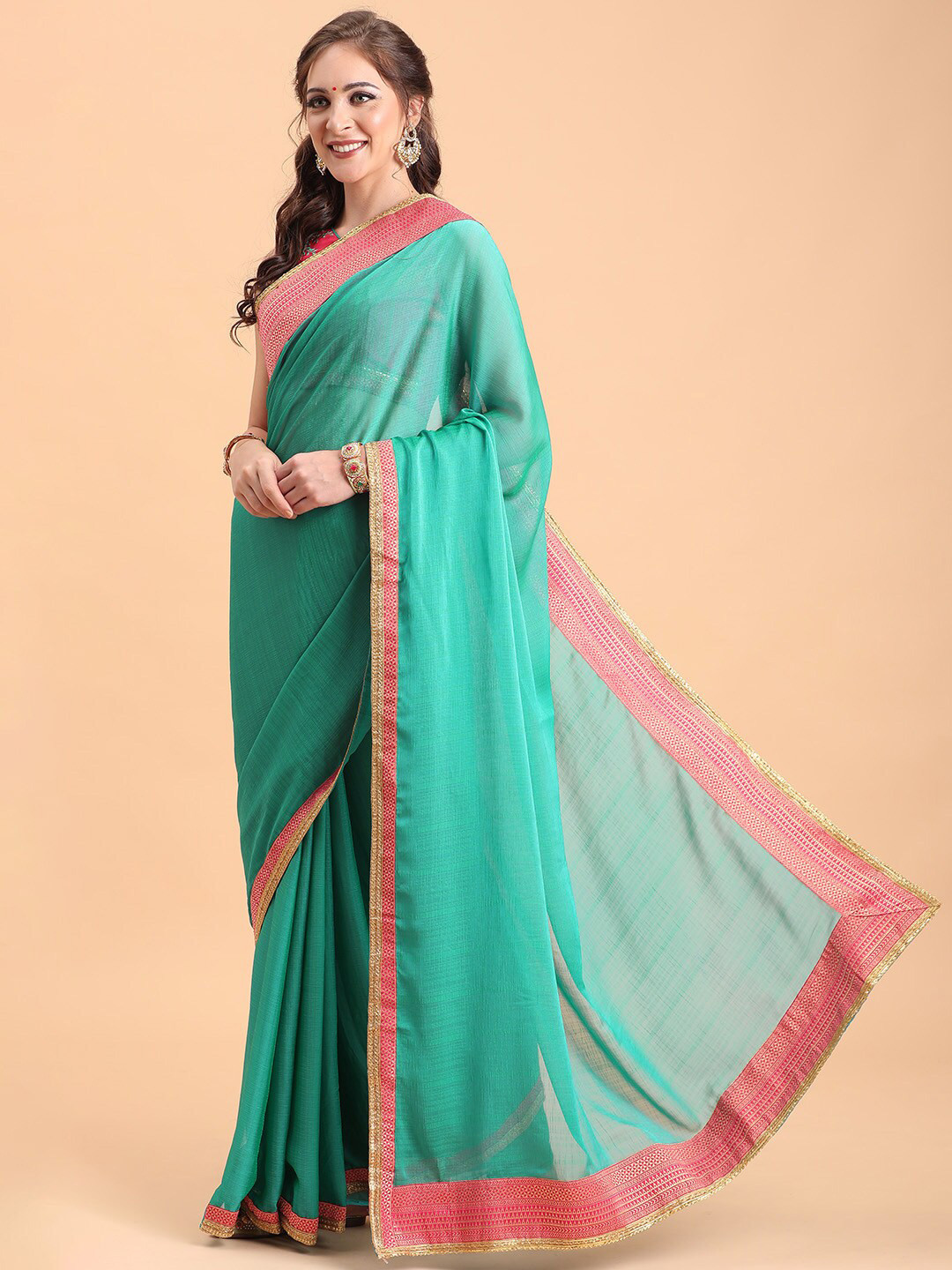 Sangria Turquoise Blue & Pink Silk Blend Saree