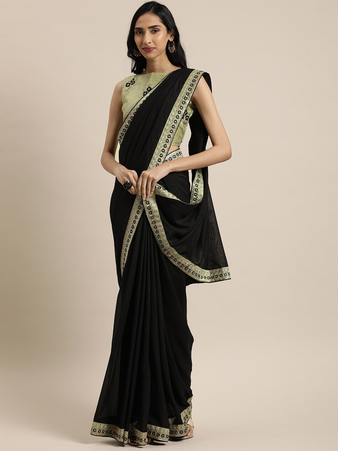 Sangria Black & Gold-Toned Embroidered Border Silk Blend Saree