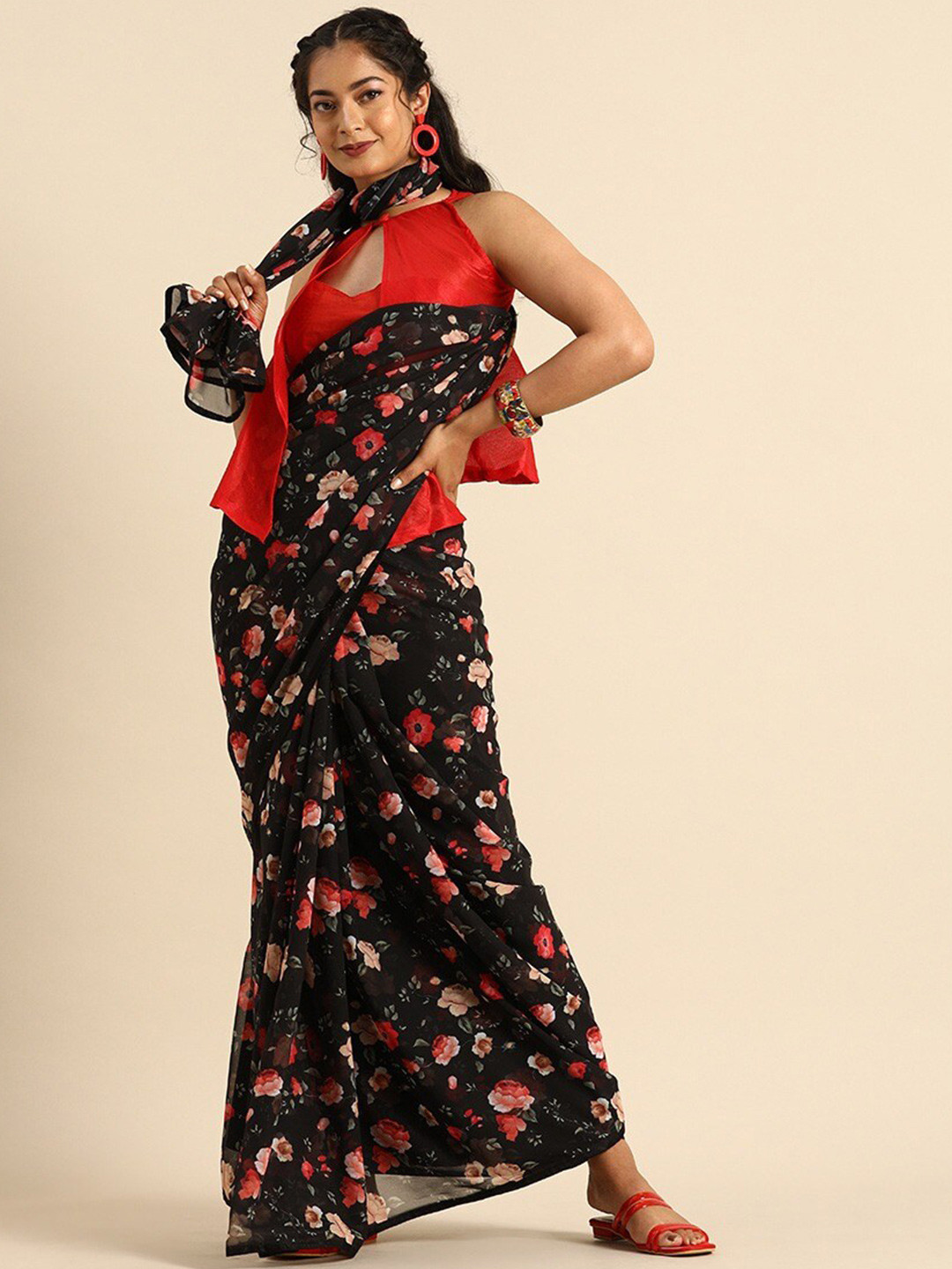 Sangria Black & Red Floral Pure Georgette Saree