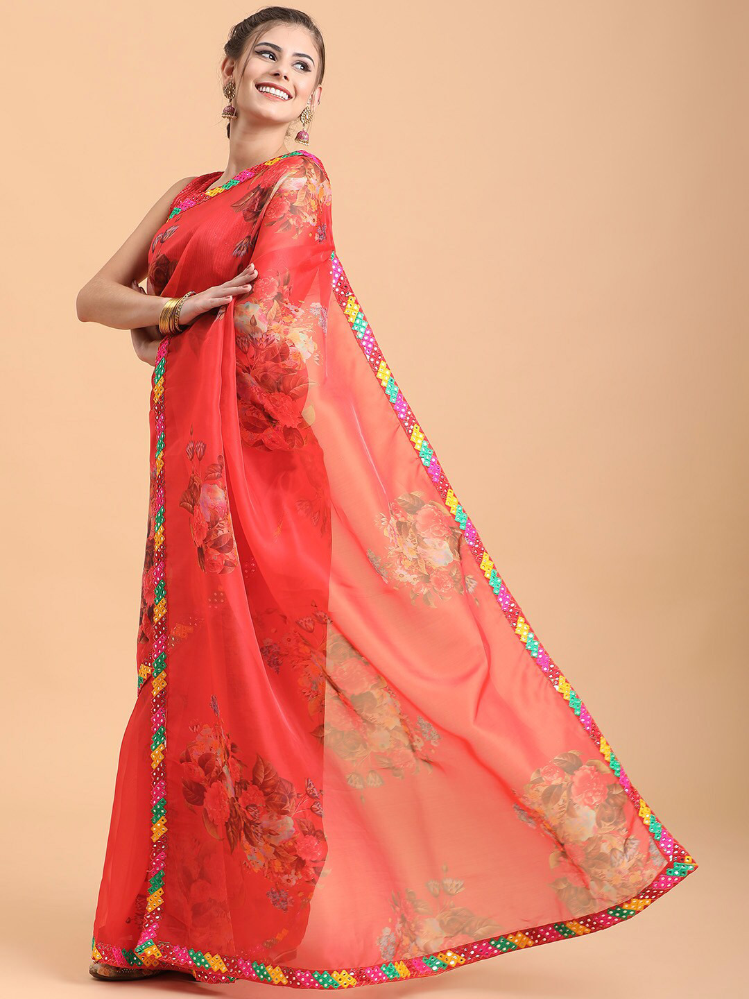 Sangria Red & Yellow Floral Mirror Work Organza Saree